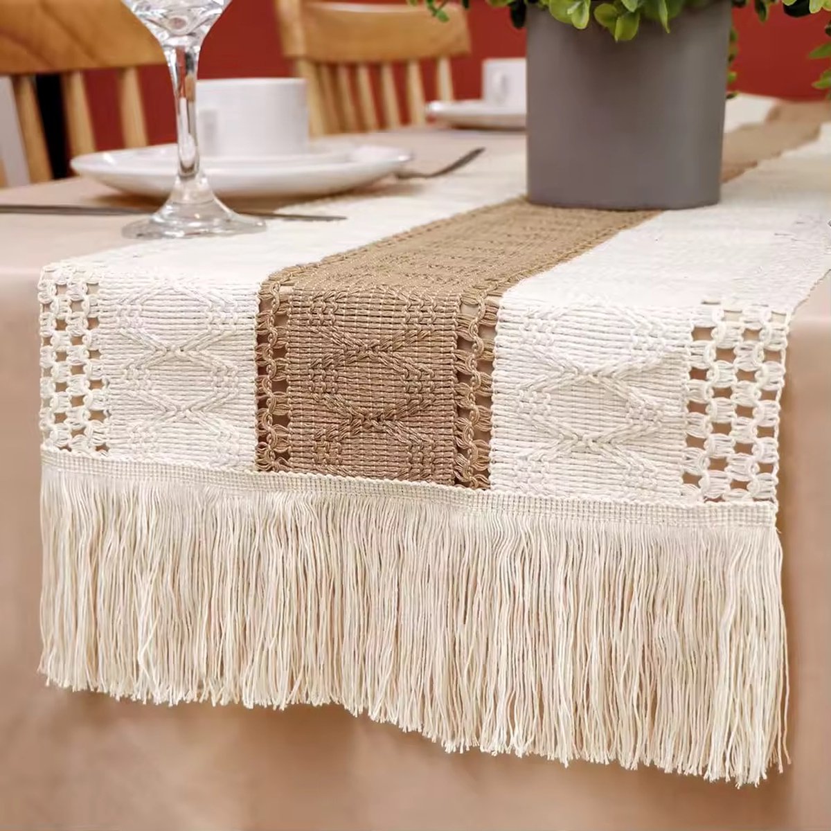 Brylleii Macramé tafelloper modern katoen linnen 30 x 183 cm elegant rustiek beige tafelloper boho vintage wasbaar boho chic tafeldecoratie bruiloft keuken