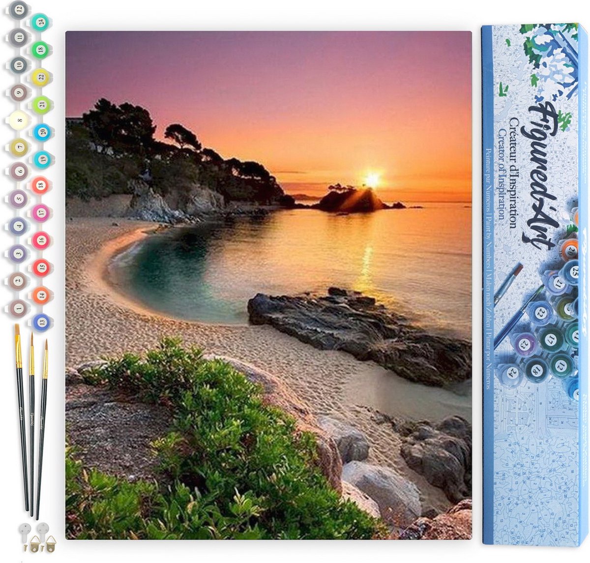 Figured'Art Schilderen op Nummer Volwassenen canvas Rustig strand in de schemering - Handwerk acrylverf Kit DIY Compleet - 40x50cm zonder frame