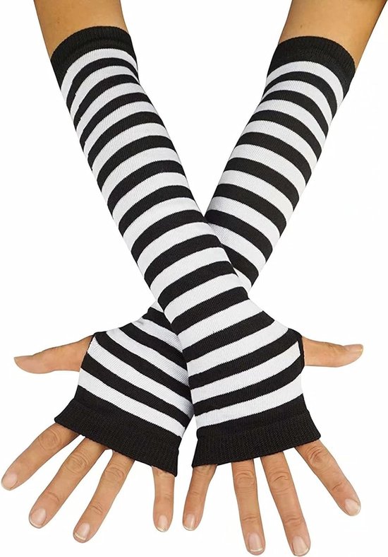 Armwarmers - Damessokken - Gestreepte kniekousen - Armwarmers zonder vingers - Dames lange vingerloze sokken - Handschoenen gebreid - Armwarmers - Duimgat elastische handschoenen (1 set zwart-witte strepen) — afbeelding 2