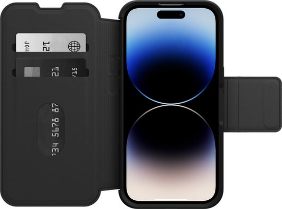 Zwarte Otterbox Strada bookcase, opengeklapt, met iPhone 14 Pro Max en kaarthouders zichtbaar.