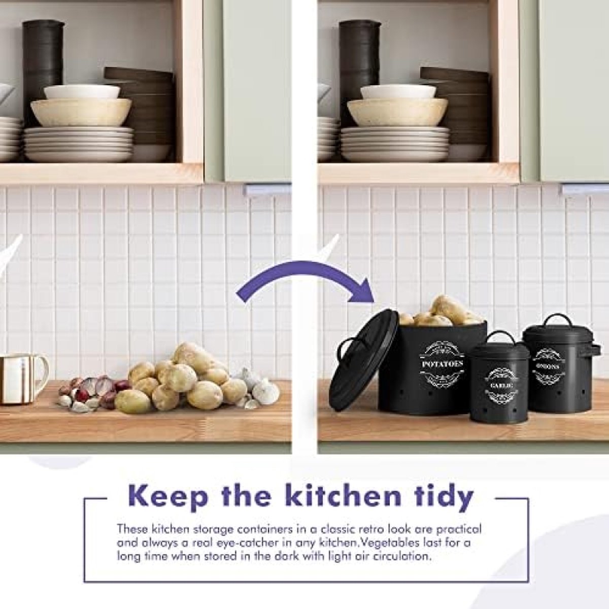 Xbopetda Voedselbewaarcontainer voor aardappel, ui en knoflook, canistersets voor aanrecht, ronde plantaardige voorraadpotten, keuken voorraadpotten met deksel (zwart