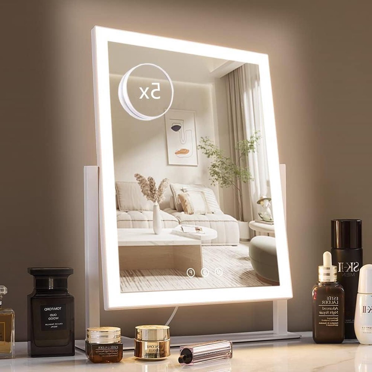 Hollywood Makeup Mirror - Three Color Lighting Modes and 5x Magnification Mirror - Smart Touch Control - 360° Rotation - 15.2 Inches White