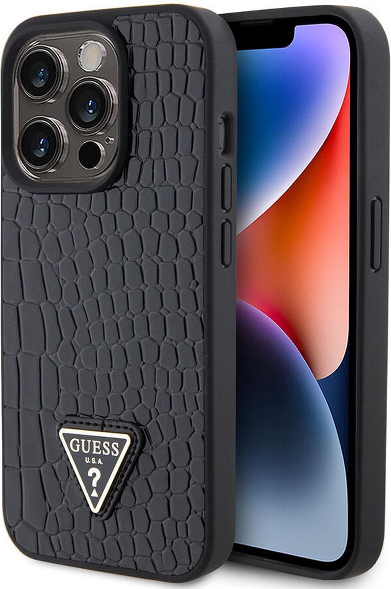 Guess Crocodile Triangle Back Case - Geschikt voor Apple iPhone 15 Pro (6.1") - Zwart