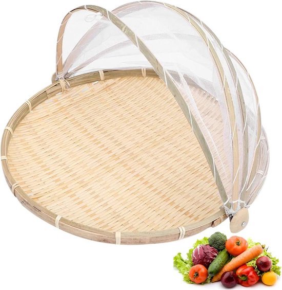 Foto: Bamboe tent mand picknickmand bamboe vliegenkap afdekhoes geweven voedsel anti vliegen insect net fruit groente dienblad mesh cover tent droog stofpan camping picknick draagbare opbergmand