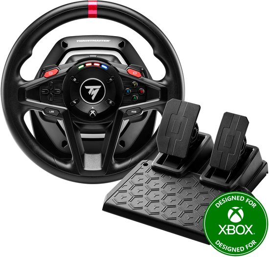 Zwart Thrustmaster racestuur en pedaalstel, met een groen Xbox-certificeringslogo.