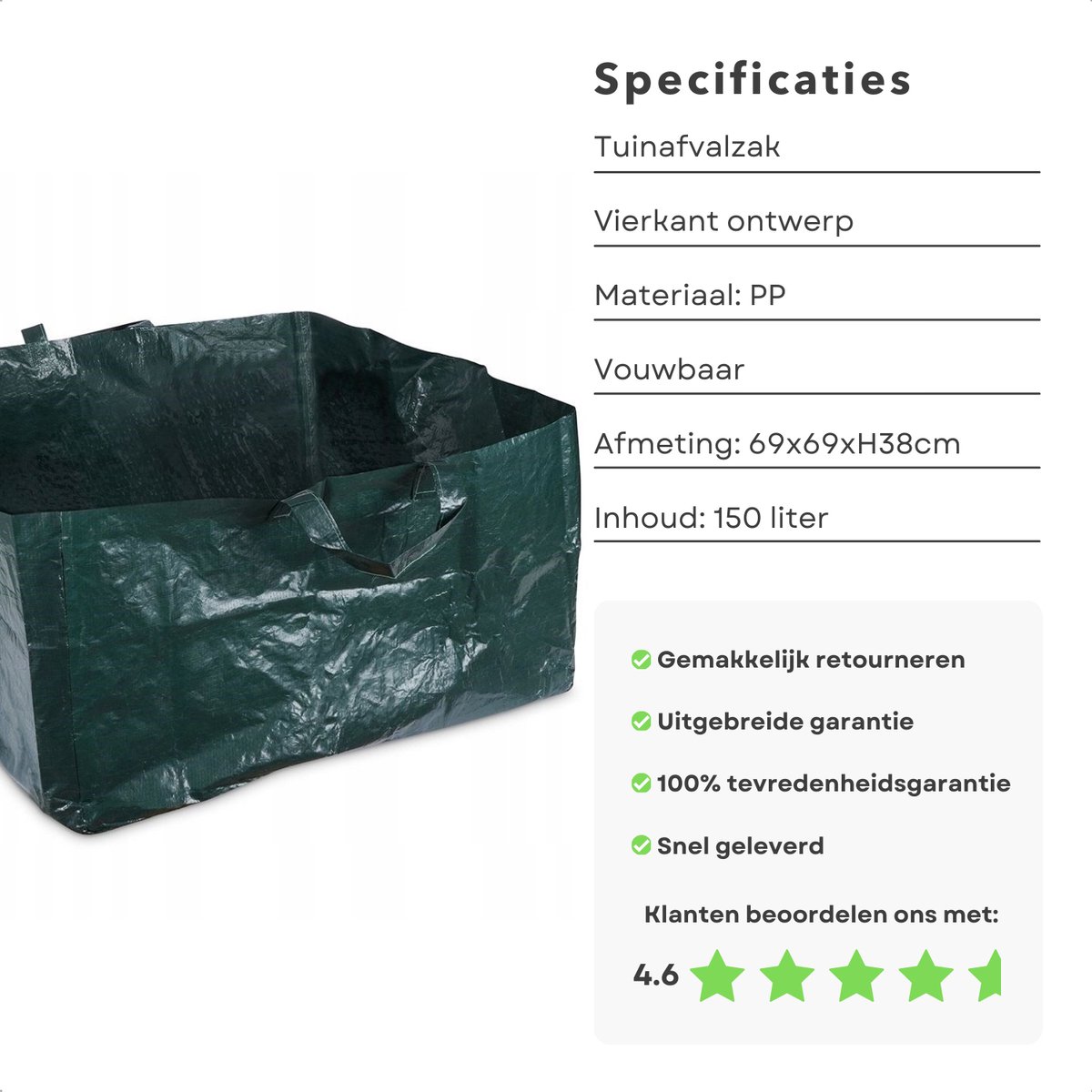 Opvouwbare Vierkante Tuinafvalzak 150L - Grote Tuinafvalzak met Hengsels - 69x69x38 cm - Opvouwbare afvalzak - Afvalzakken - Prullenbak - Tuinzak - Wasmand - Bladzak - Inclusief EBOOK — cadeau in Cadeau-ideeën - foto 3
