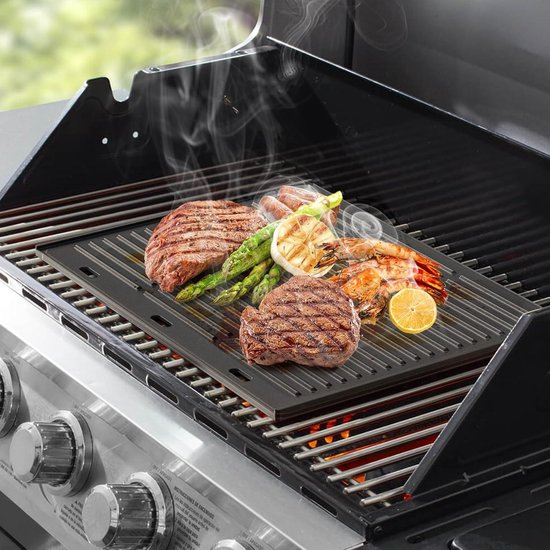 Onlyfire 45.5x35cm Cast Iron Reversible Plate, Rectangular, Universal BBQ Plancha for Gas Grill, Charcoal Grill, Usable Both Sides, Gas Grill Accessories, Black