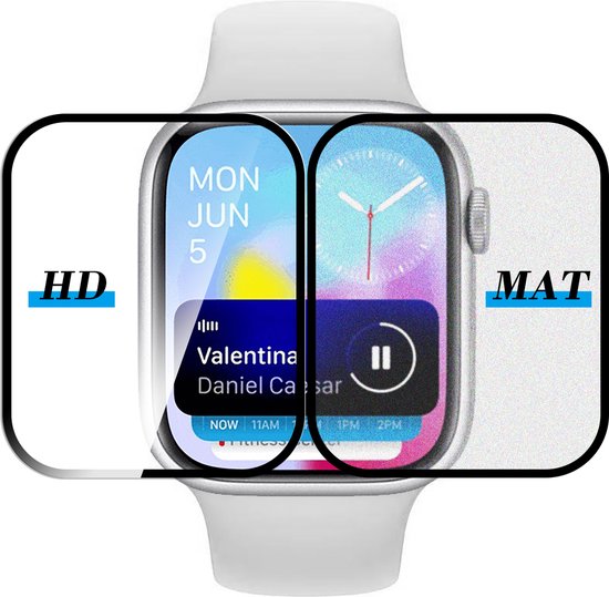 Scherm van een Apple Watch met aan de linkerkant "HD" en aan de rechterkant "MAT".