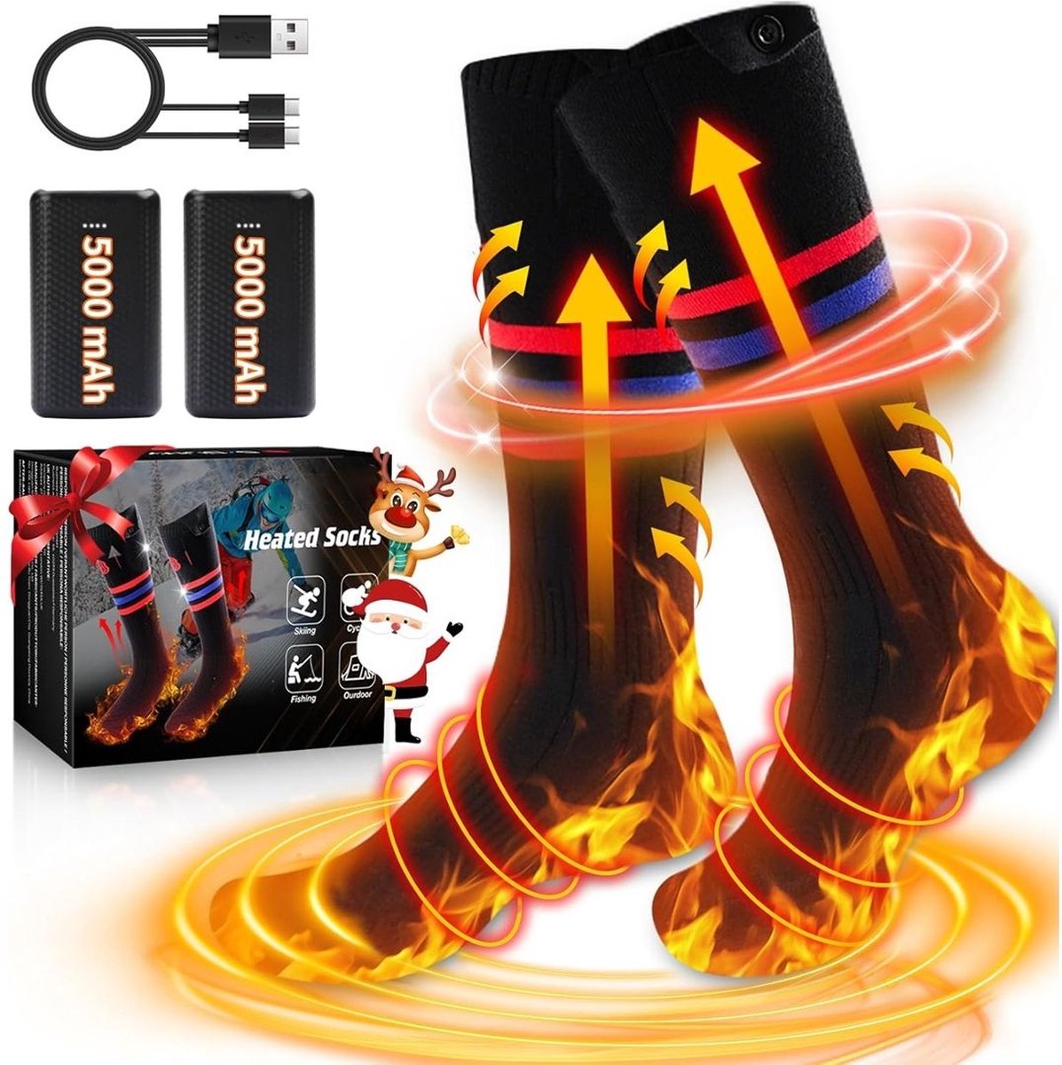 Chaussettes Chauffantes USB 55°C – Chauffage 360°, 3 Secondes, Pour Ski, Camping Et Randonnée (noir)