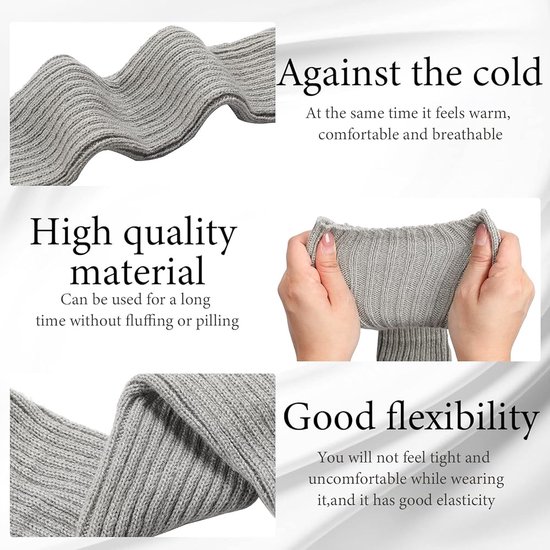 Gedetailleerde textuur van grijze gebreide beenwarmers. Flexibel materiaal dat warm en ademend is.