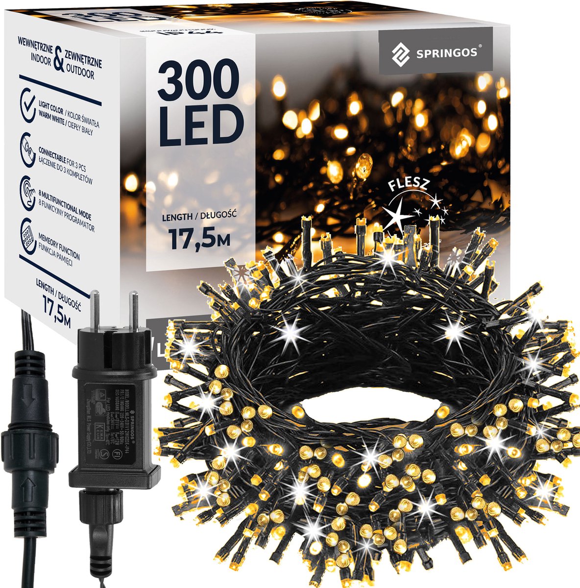 Springos Kerstverlichting | 15 m | 300 LED | Warm Wit + Koud Wit| Inclusief Flitsfunctie