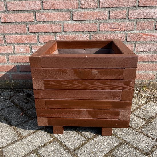 Foto: Amishout vierkante plantenbak van hout 40x40x36 cm bruin bloembak buiten