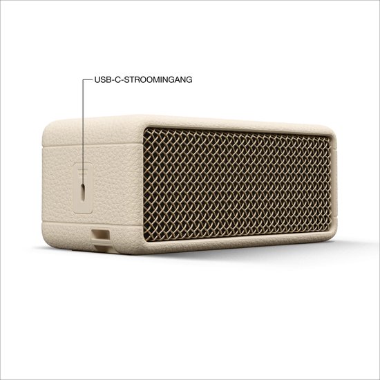 Crème Marshall speaker met USB-C poort aan de zijkant.