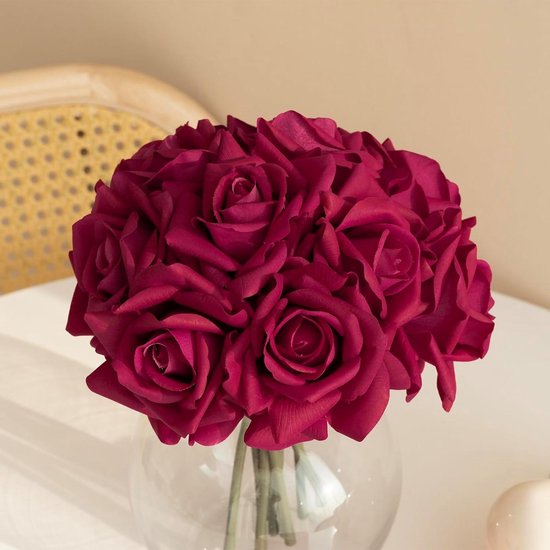 Bouquet de roses artificielles à tige unique - 10 pièces - Arrangement de fleurs en soie synthétique avec une touche réelle pour la décoration de mariage de fête à la maison - Rose rouge