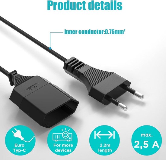 Verlengkabel, 2 stuks, netsnoer, verlengkabel, platte stekker, type C- stekker, eurostekker naar type C, Euro bus, tv, pc-monitor, lamp, beamer, huishoudelijke apparaten (1 m, 2 stuks Verlengkabel, 2 stuks, netsnoer, verlengkabel, platte stekker, type C- stekker, eurostekker naar type C, Euro bus, tv, pc-monitor, lamp, beamer, huishoudelijke apparaten (1 m, 2 stuks