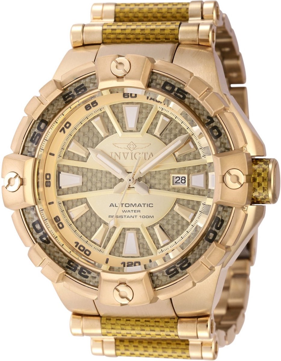 Invicta Bolt 37522 Heren Horloge - Waterdicht - Analoog - Automatisch Uurwerk - Roestvrij Staal met gouden Wijzerplaat - 54mm