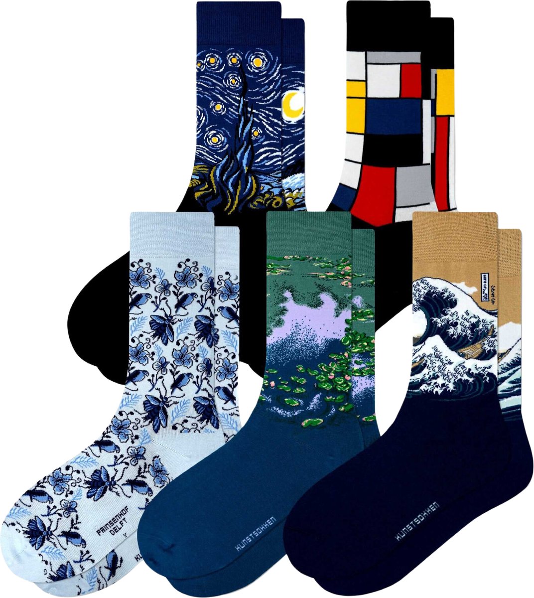 Kunst sokken - Bestverkochte 5-pack: Mondriaan, van Gogh, Monet - Sokken Dames 36 40 - Biologisch Katoenen Sokken - funny socks happy - Vrolijke Sokken - Grappige Sokken - Sokken Cadeau