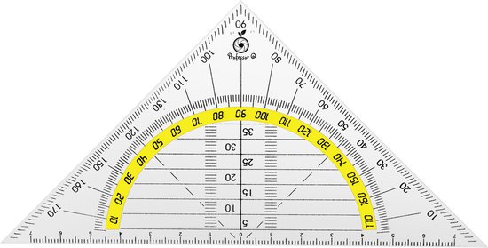 Transparante geodriehoek van 14 cm met gradenboog en schalen van 10 tot 170 graden.