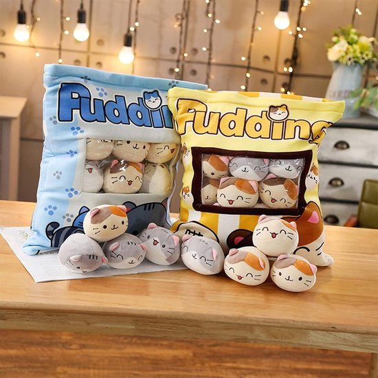 HXPLN Pluche kattenkussen, afneembaar speelgoed, pudding kattenkussen, tas met pluche kat, schattige kattendecoratie, cadeau voor jongeren, meisjes, kinderen (8 gele katjes
