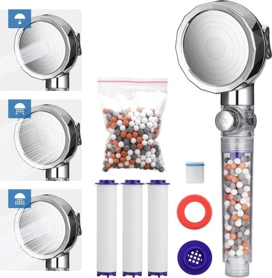 MEKO Douchekop met hardwaterfilter met 3 modi, 15 lagen filtratie, waterbesparing, hogedrukdouchekoppen en 1,5 m slang, massagedouchefilter voor residuele chloorverwijdering