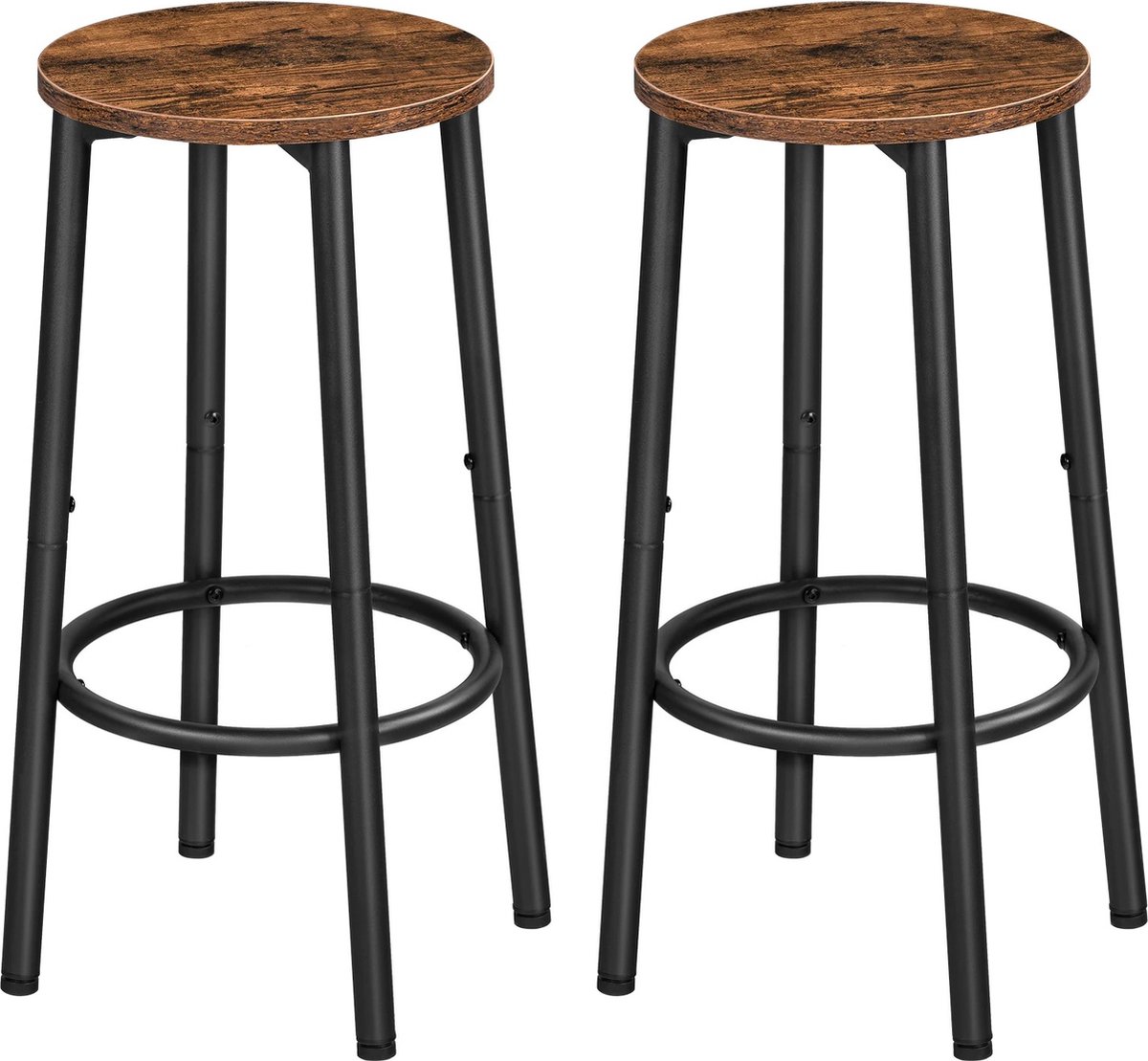 Set van 2 Barkrukken - Houten Zitting met Metalen Poten en Voetsteun - Barkruk - Hoge Krukken voor Aanrecht of Bar - Nordic Design voor Pub en Keuken - 30x30x64 cm