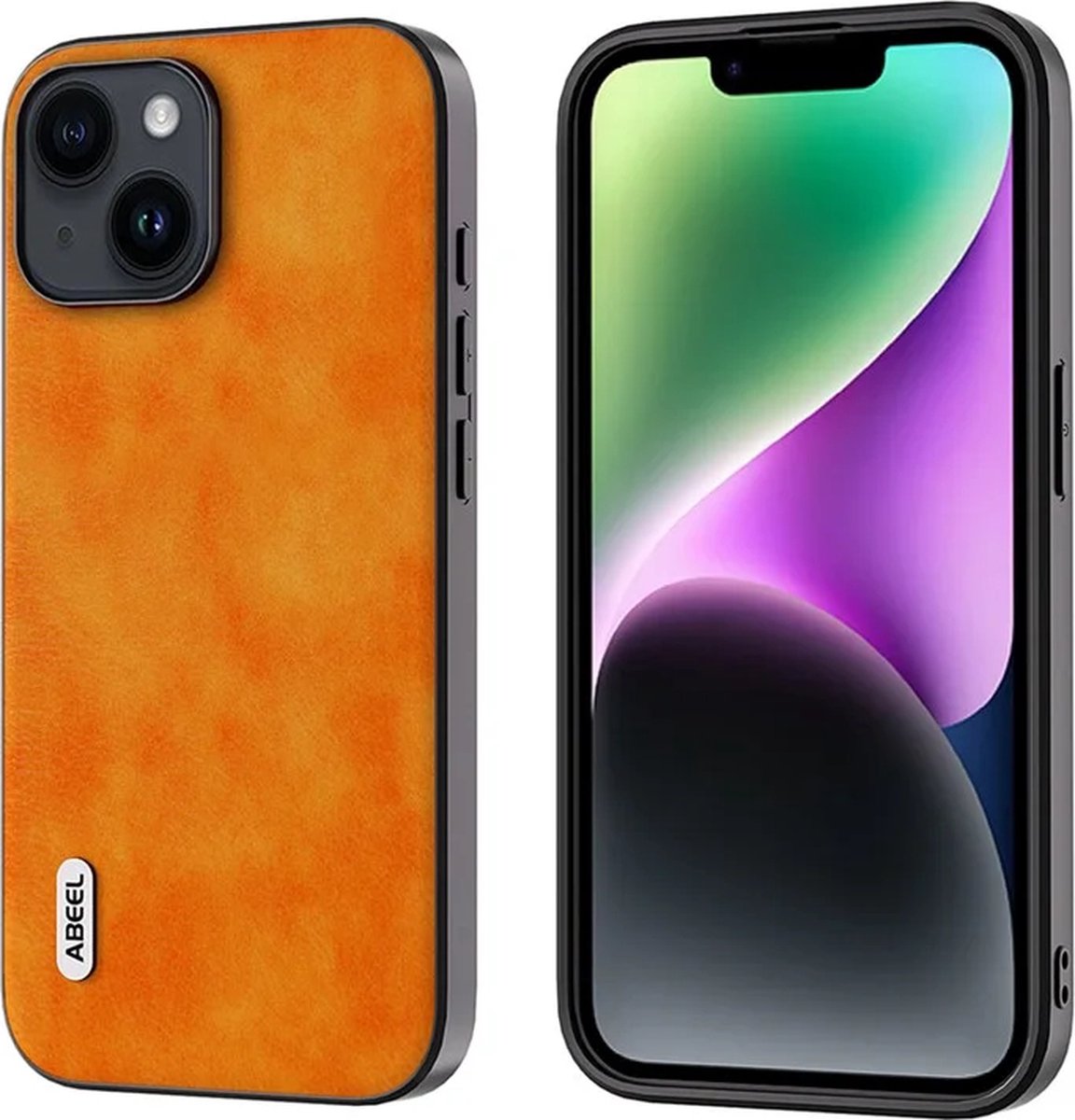 ABEEL – iPhone 15 – Backcover hoesjes – Cowhide Leather – TPU – Litchi – Anti-Scratch – Oranje