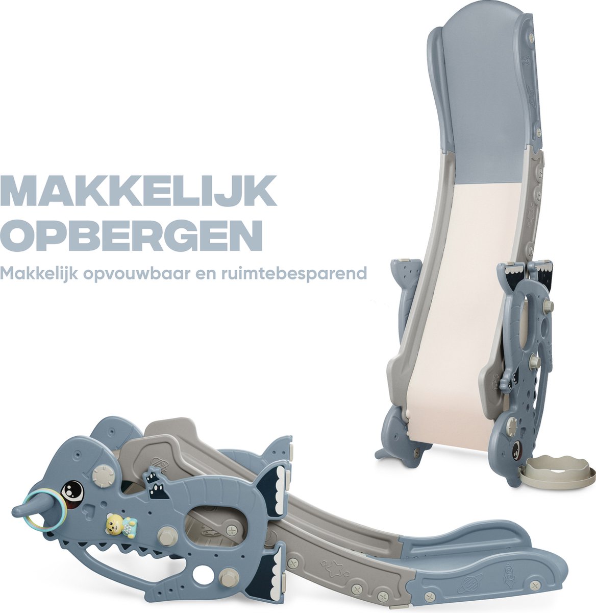 Rockerz Premium Glijbaan - Voor binnen en buiten - Speelplezier gegarandeerd - Opvouwbaar - Veilige dichte trap - Ringen spel - Basketbal ring (inclusief bal) - Muziek beertje - Kleur: Blauw — afbeelding 7