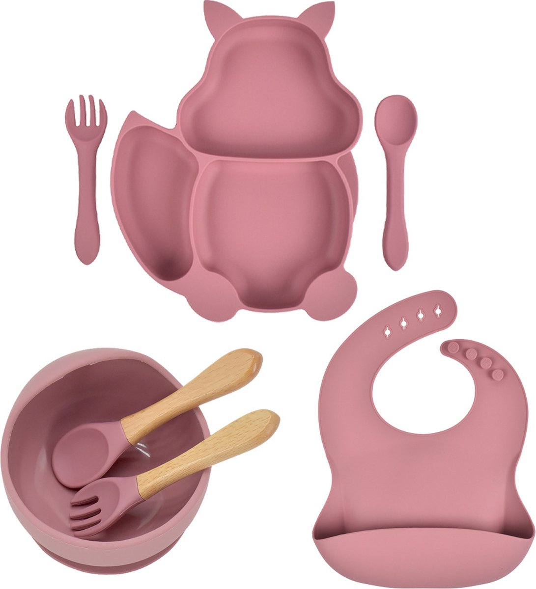 Goedkoopste Onbreekbaar Siliconen Kinderservies met Zuignap Bordje voor Baby en Kind - Set van 7 stuks - kinderbord - Magnetron - Oven- & Vaatwasserbestendig - Roze - antislip - babybord slabbetjes vork lepel BPA-vrij