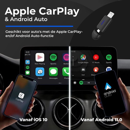 CarMe Mini 2-in-1 CarPlay Dongle - USB-A & USB-C - Draadloos CarPlay & Android Auto - Android Auto Dongle - Zwart