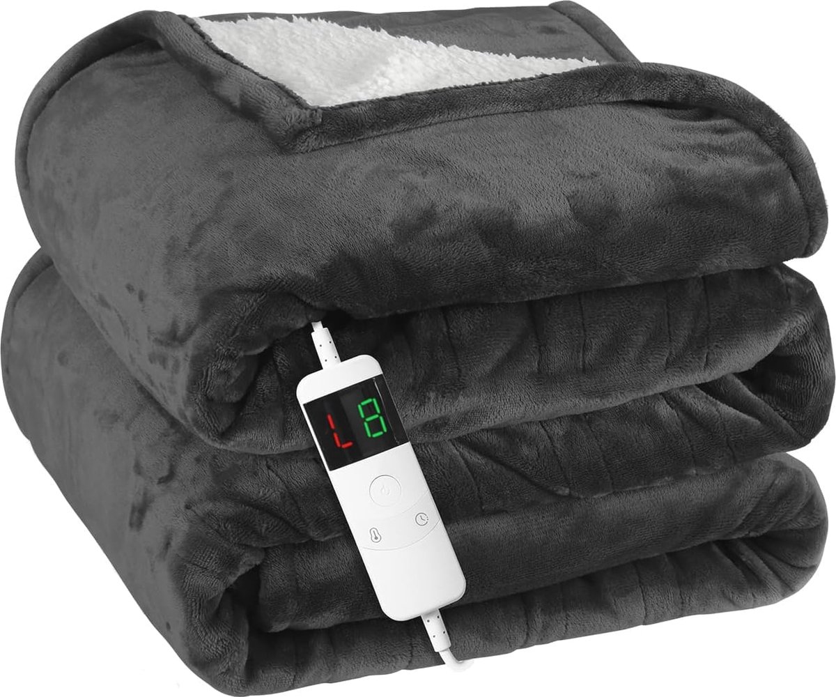 Elektrische deken 135 x 200 cm - Snelle verwarming en zacht flanel - 10 niveaus - Grijs