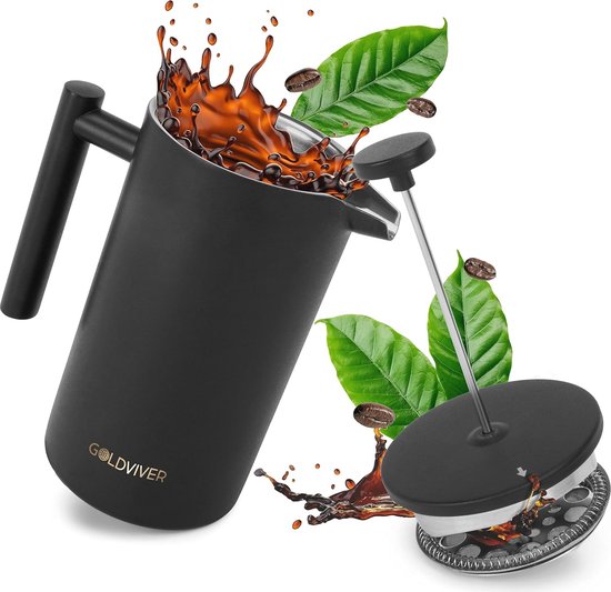 WALDWERK French Press (1L) - Napolitaanse koffiepot van dubbelwandig roestvrij staal met eikenhouten handvat - Orzière - plasticvrije infuustheepot