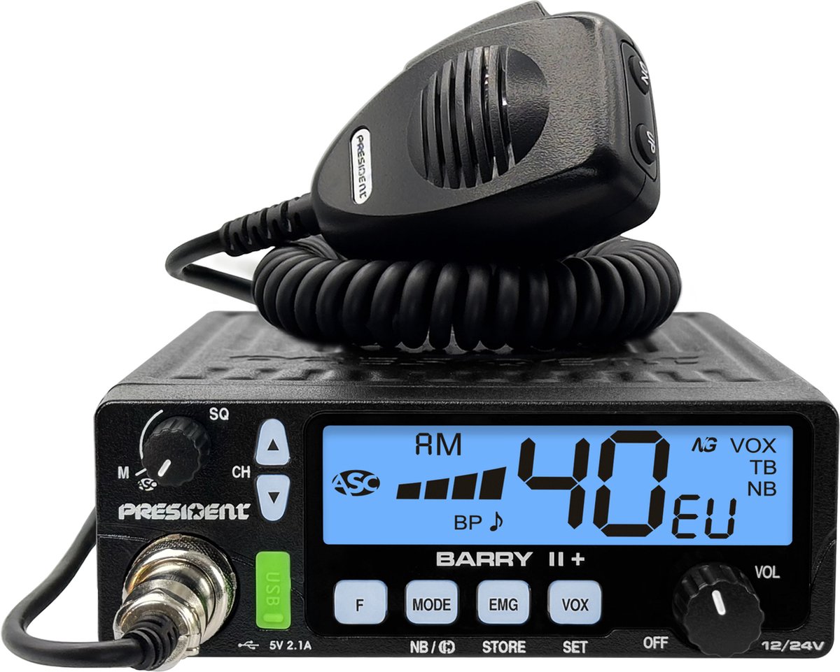 President Barry II Plus uitvoering VOX 12/24V incl. 5 President kanalen CB Mobile