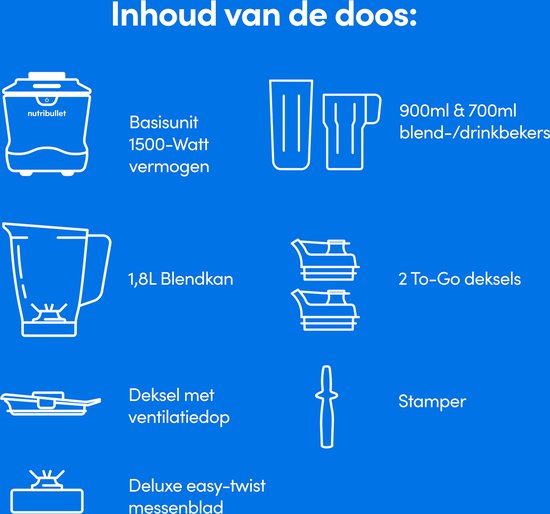Inhoud van de doos: Nutribullet blender, kannen, bekers en deksels.
