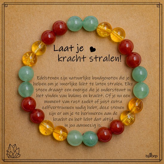 Bracelet Bixorp Aventurine + Citrine + Cornaline sur carte cadeau - Laissez briller votre pouvoir - Bracelets de perles de pierres précieuses 8 mm / 18 cm - Avec enveloppe cadeau
