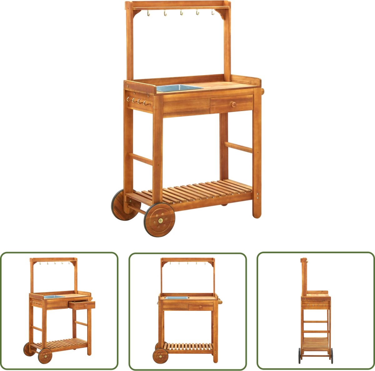 The Living Store Keukentrolley Acaciahout - Serveerwagen met lade - plank en 9 haken - Afmetingen- 92 x 43.5 x 141.5 cm