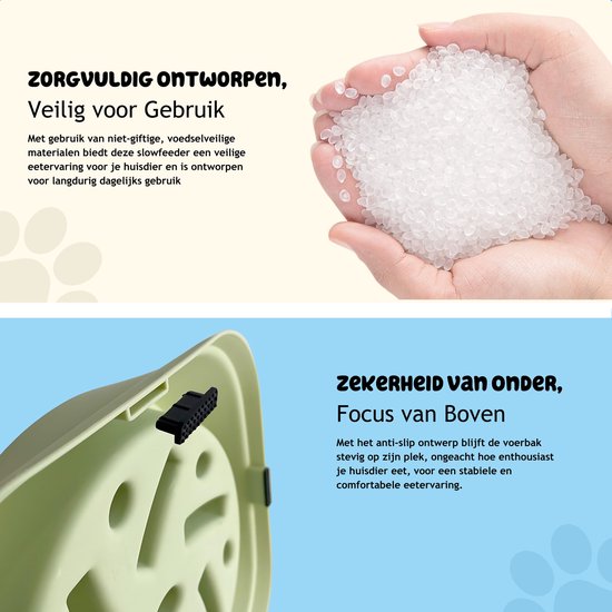 Handen houden voerbak-vullende plastic korrels vast. De onderkant van een lichtgroene voerbak met anti-slip ontwerp.