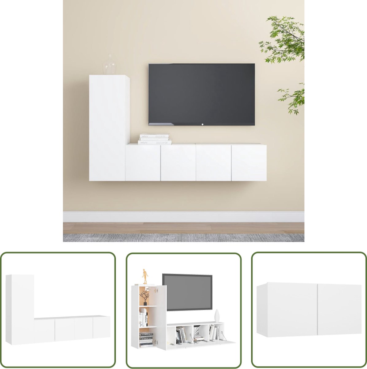 vidaXL Wandmontage - Televisiescherm - 3-delige Tv-meubelset bewerkt hout wit - Tv Meubilair - Salontafel - Woonkamerinrichting