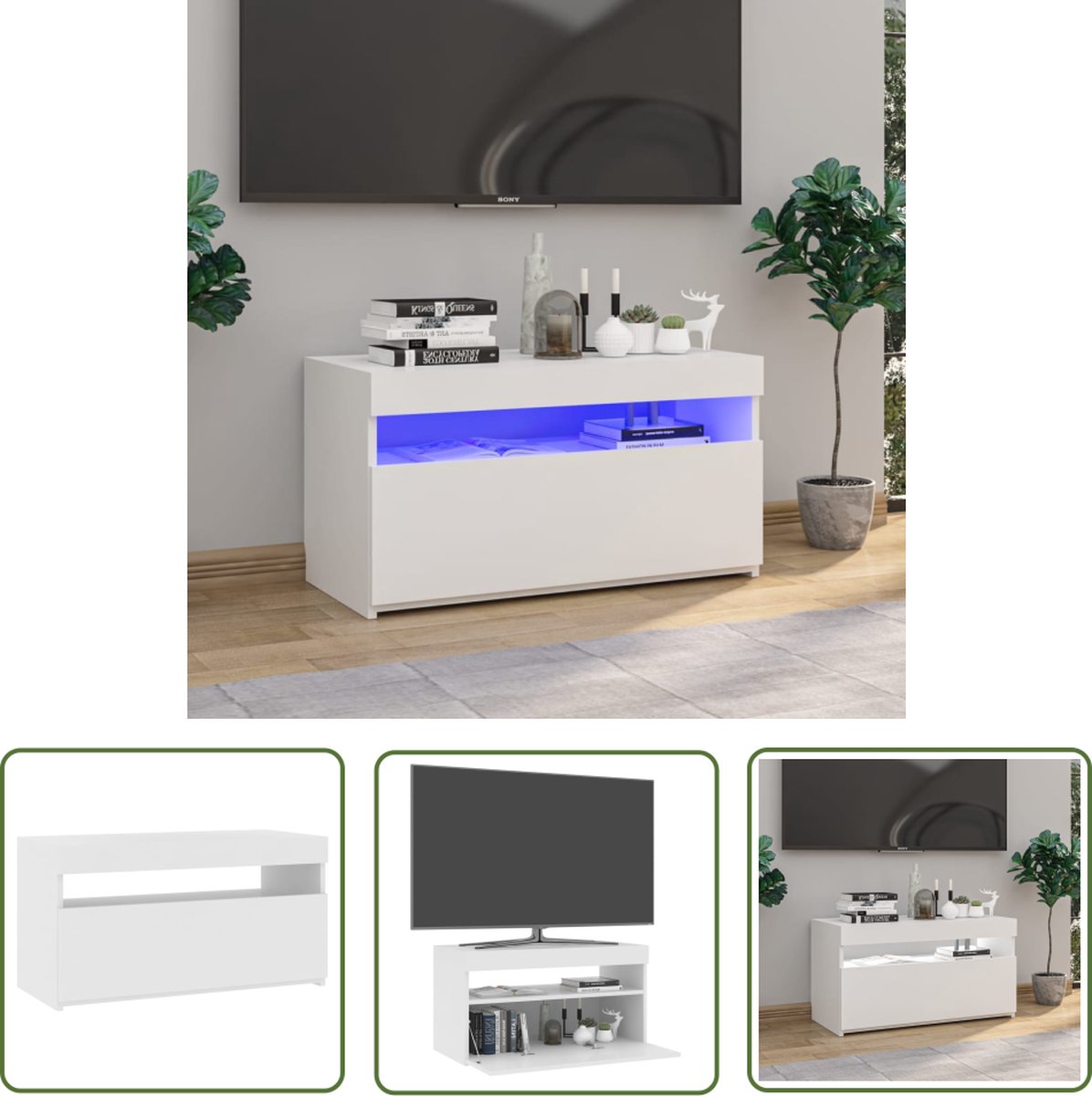 vidaXL Led Verlichting - Tv-meubel - Tv-meubel met LED-verlichting 75x35x40 cm hoogglans wit - Media Kast - Houten Meubilair - Modern Tv-meubel