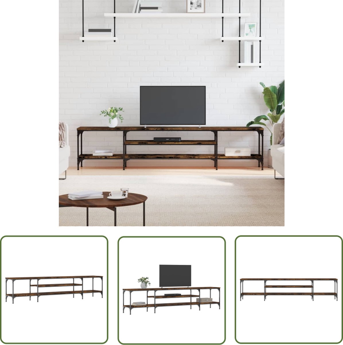 vidaXL Tv Meubels - Industriele Tv Kast - Tv-meubel 201x35x45 cm bewerkt hout en ijzer gerookt eikenkleur - Tv Stand - Houten Tv Kast - Roestvrijstalen Tv Kast