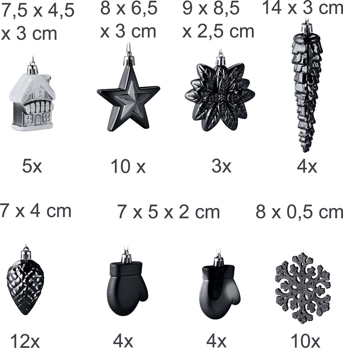 Kerstballen set van 100 - plastic - mat - glanzend - glitters - 10 designs - zwart – foto 4