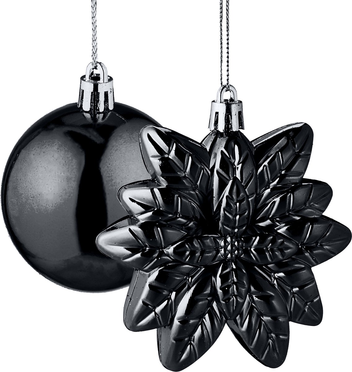 Kerstballen set van 100 - plastic - mat - glanzend - glitters - 10 designs - zwart – foto 3