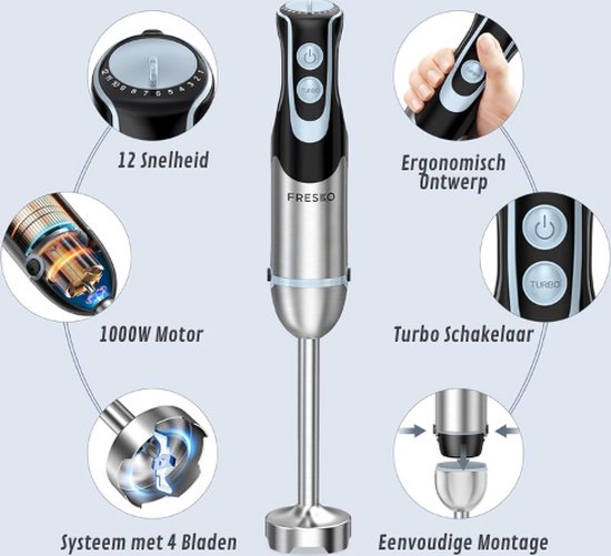 Cecotec Staafmixer Power RetroBlue 1200MAX Cream & Crush, maximaal vermogen 1200 W, CrossBlades-technologie, 2 snelheden, accessoireset vaatwasmachinebestendig, spatbeschermkap