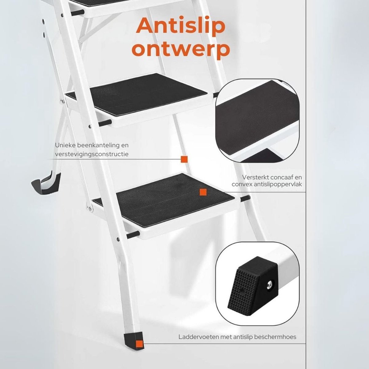 Huishoudtrap 4 Treden - Keukentrapje Basic Inklapbaar Met Handgreep – Keukentrap Anti-slip – Trapladder - Opstapje – Vouwladder Belastbaar tot 150 kg – Ladders – Keukentrap - Wit – foto 3
