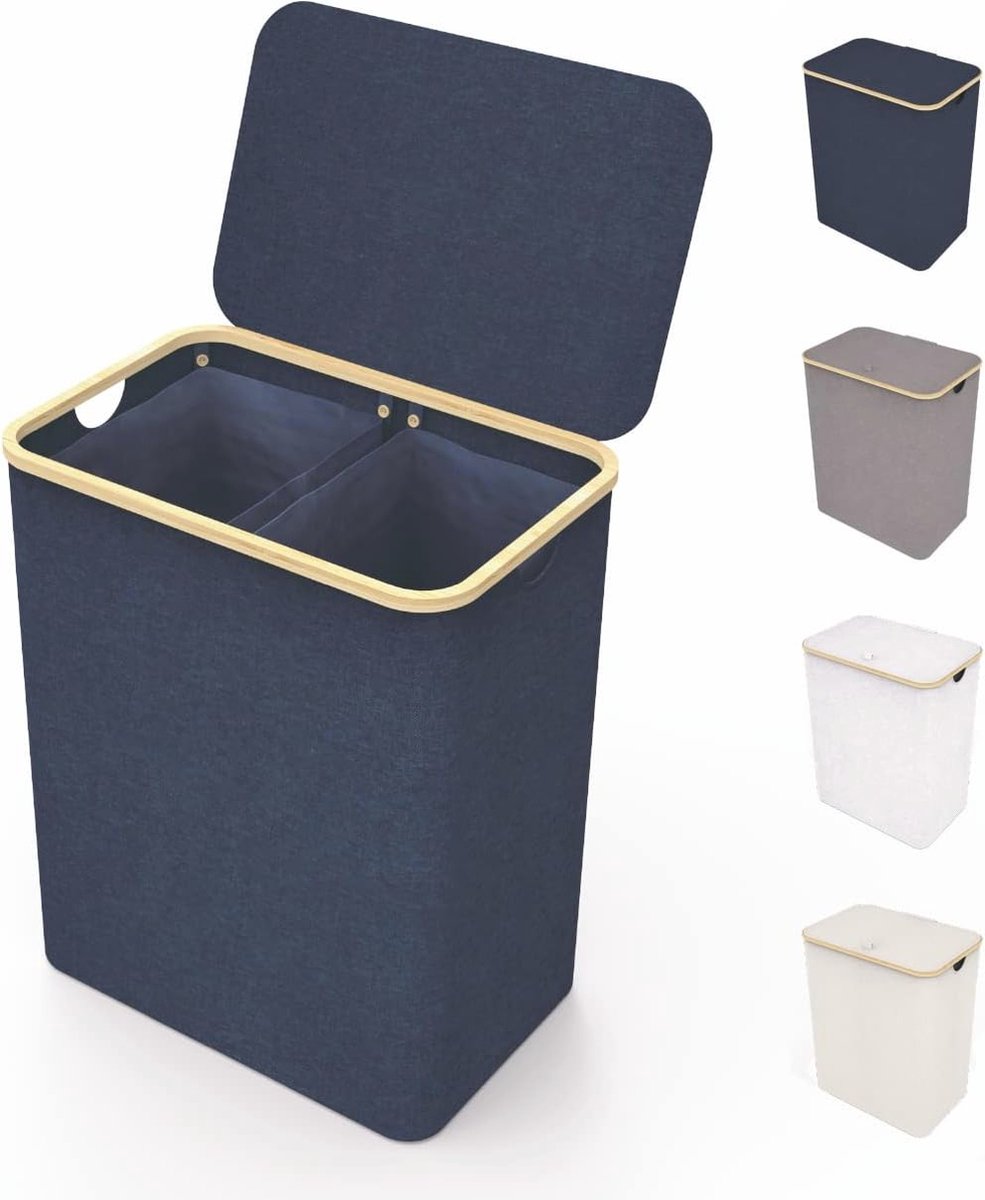 Goedkoopste Dubbele Wasmand met Deksel en Afneembare Waszakken - XXL 150 L - Bamboe Mand met 2 Compartimenten