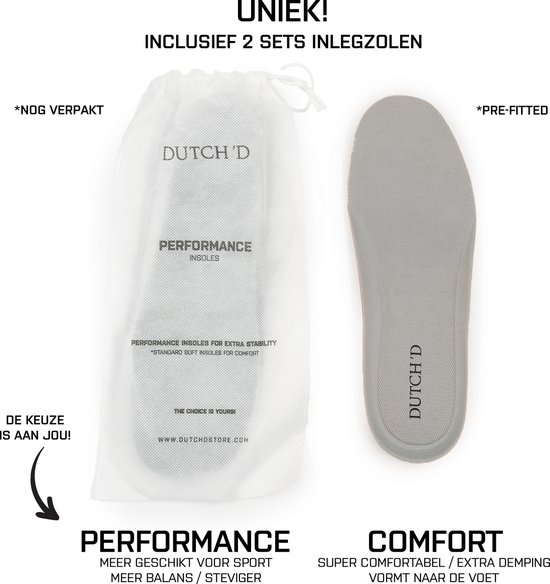 Twee sets binnenzolen voor DUTCH'D sneakers: een verpakte mesh set en een losse grijze inlegzool.
