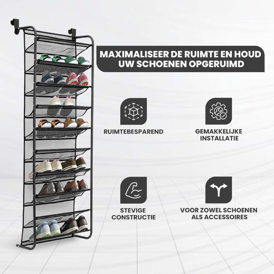 STEN Schoenenrek deur - Geschikt voor alle Deuren - Schoenen opbergsysteem - Tot 30 paar - 4 Hangmethodes