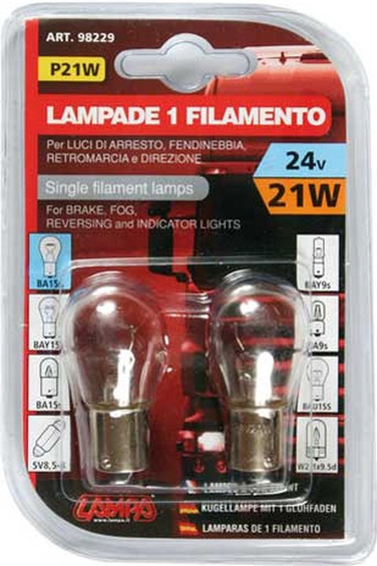 Verpakking met twee P21W 24V 21W enkele gloeidraadlampen met BA15s fitting.