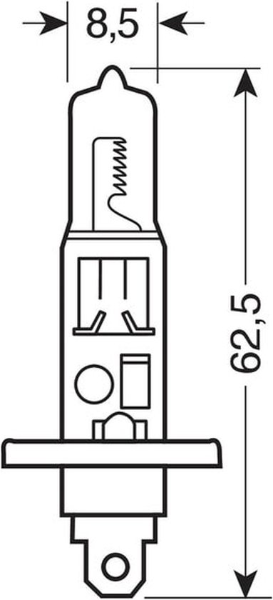 Technische tekening van een H1 autolamp met afmetingen 62,5 mm hoogte en 8,5 mm diameter.