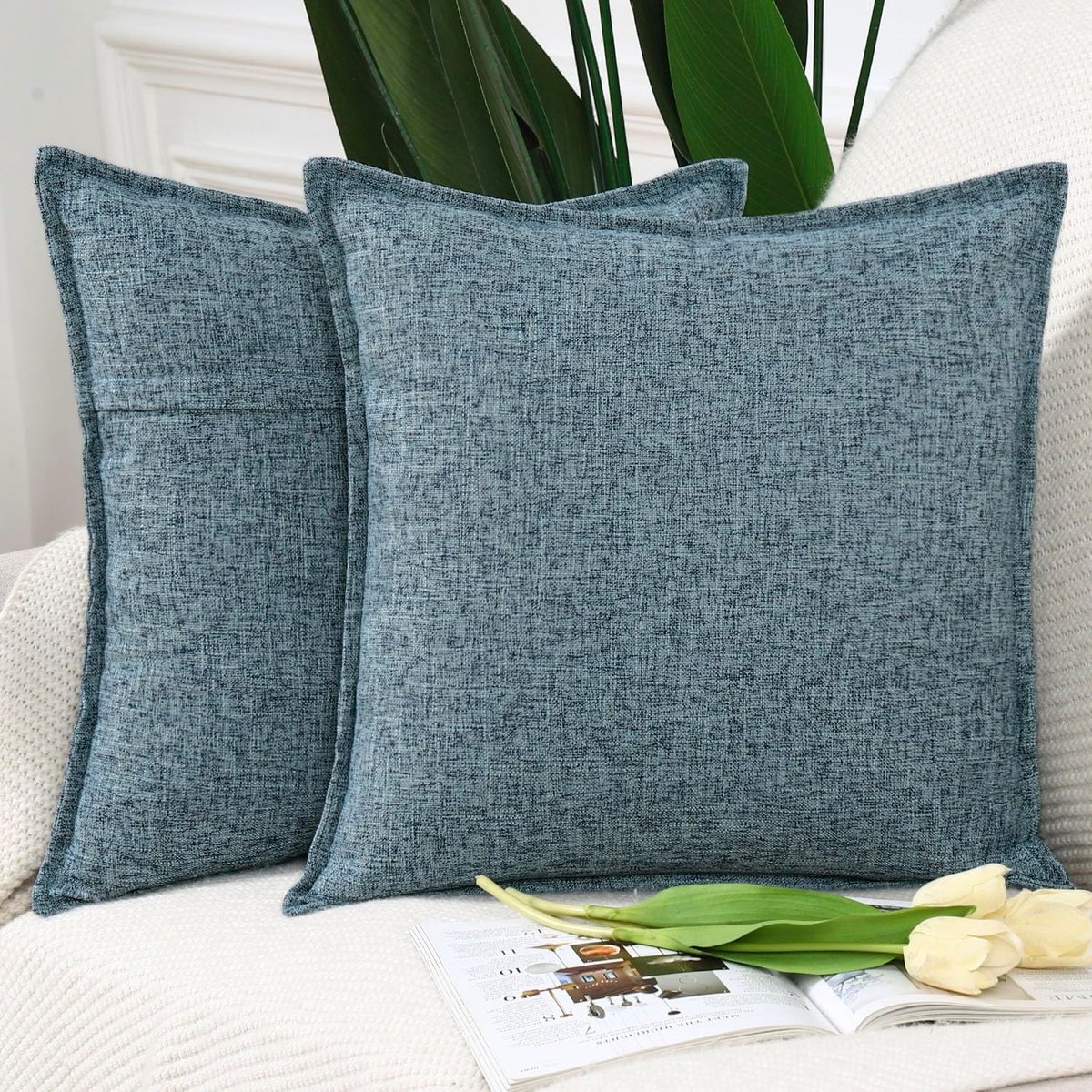 Goodivery ® Set van 2 Luxe Linnen Kussenhoezen in Rustieke Blauwtinten, 50 x 50 cm, Vierkant