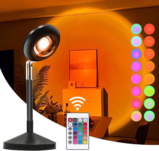 Éclairage d'ambiance Lampe coucher de soleil Lampe de projection 16 couleurs avec télécommande - aura rotation 180 degrés - projecteur de lumière coucher de soleil pour photo - selfie